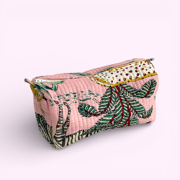 Jungle Print Cotton Washbag, Make Up Bag, Pencil Case with Waterproof Lining - Jungle Animal Print in Pink