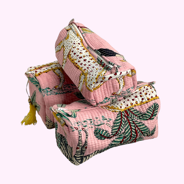 Jungle Print Cotton Washbag, Make Up Bag, Pencil Case with Waterproof Lining - Jungle Animal Print in Pink