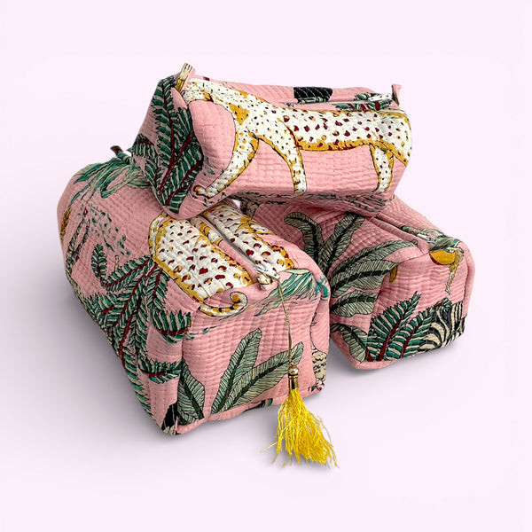 Jungle Print Cotton Washbag, Make Up Bag, Pencil Case with Waterproof Lining - Jungle Animal Print in Pink