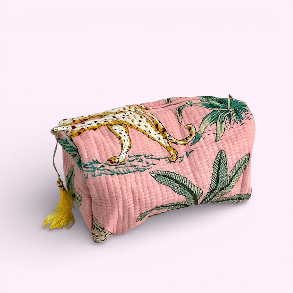 Jungle Print Cotton Washbag, Make Up Bag, Pencil Case with Waterproof Lining - Jungle Animal Print in Pink