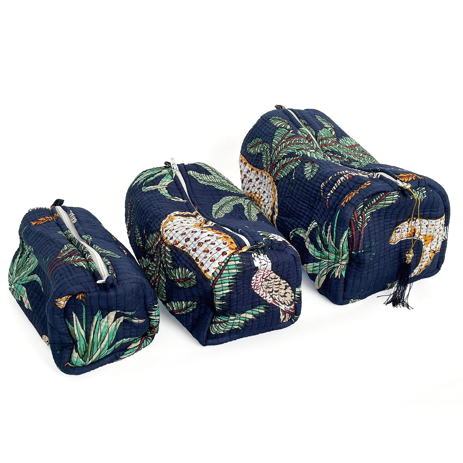 Jungle Print Cotton Washbag, Make Up Bag, Pencil Case with Waterproof Lining - Jungle Animal Print in Navy Blue