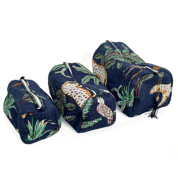 Jungle Print Cotton Washbag, Make Up Bag, Pencil Case with Waterproof Lining - Jungle Animal Print in Navy Blue