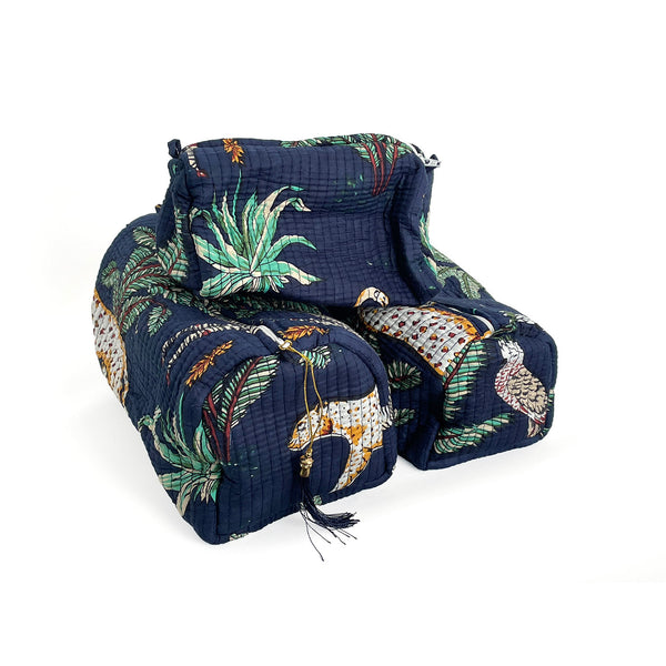 Jungle Print Cotton Washbag, Make Up Bag, Pencil Case with Waterproof Lining - Jungle Animal Print in Navy Blue