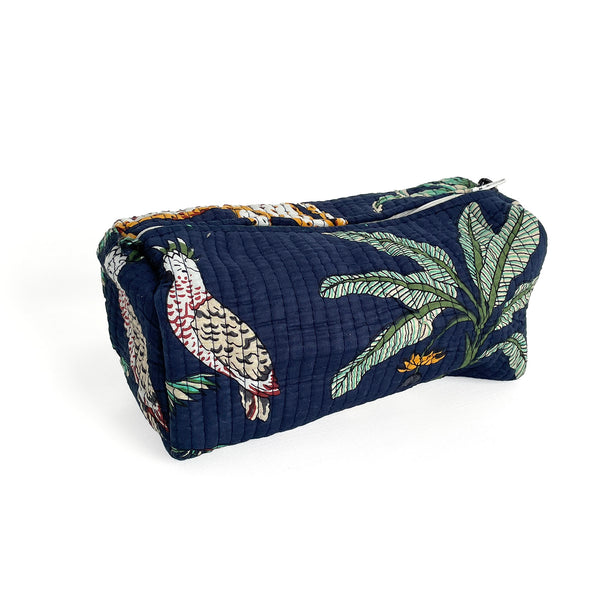 Jungle Print Cotton Washbag, Make Up Bag, Pencil Case with Waterproof Lining - Jungle Animal Print in Navy Blue
