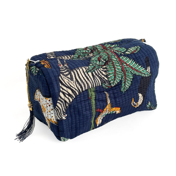 Jungle Print Cotton Washbag, Make Up Bag, Pencil Case with Waterproof Lining - Jungle Animal Print in Navy Blue