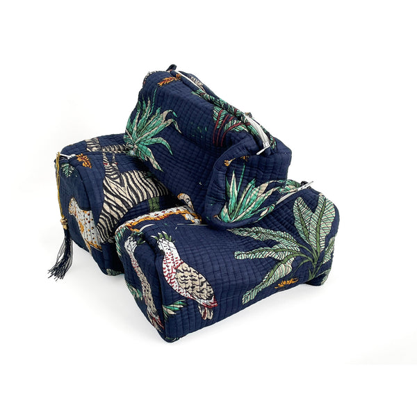 Jungle Print Cotton Washbag, Make Up Bag, Pencil Case with Waterproof Lining - Jungle Animal Print in Navy Blue