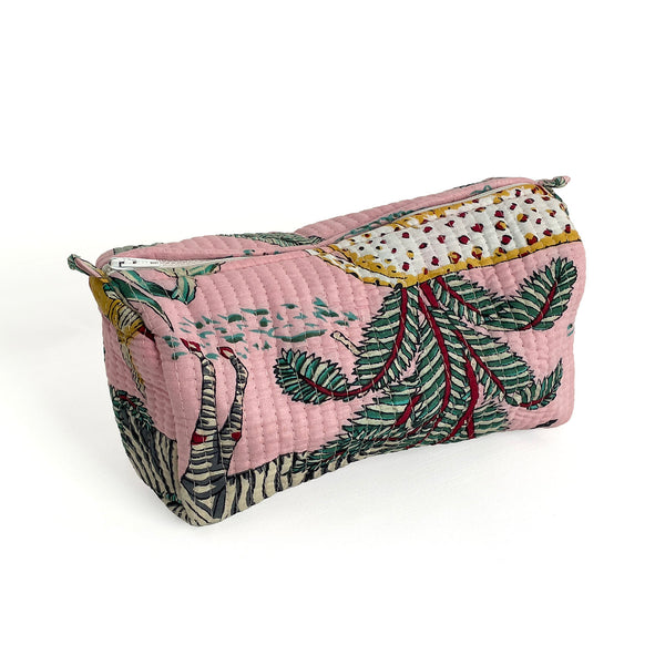 Jungle Print Cotton Washbag, Make Up Bag, Pencil Case with Waterproof Lining - Jungle Animal Print in Pink