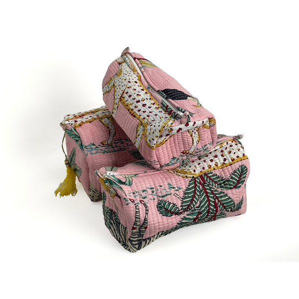 Jungle Print Cotton Washbag, Make Up Bag, Pencil Case with Waterproof Lining - Jungle Animal Print in Pink