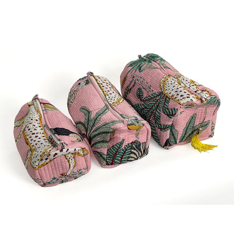 Jungle Print Cotton Washbag, Make Up Bag, Pencil Case with Waterproof Lining - Jungle Animal Print in Pink