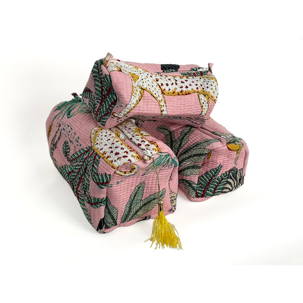 Jungle Print Cotton Washbag, Make Up Bag, Pencil Case with Waterproof Lining - Jungle Animal Print in Pink