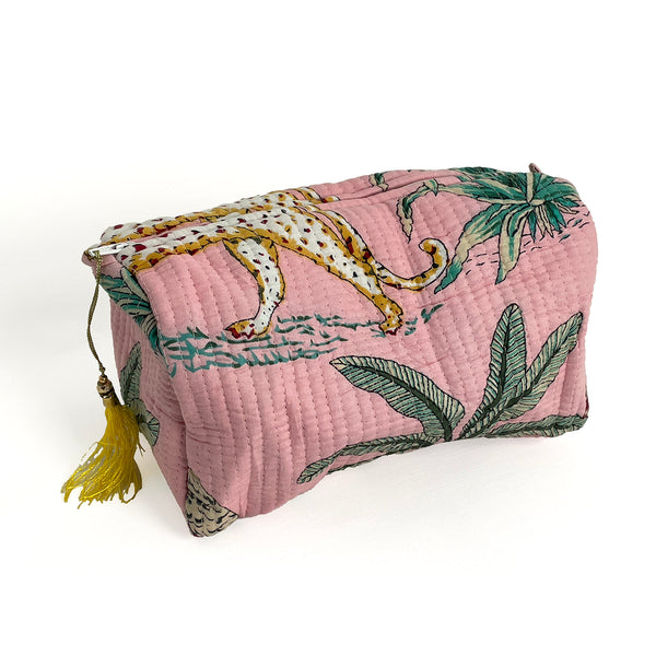 Jungle Print Cotton Washbag, Make Up Bag, Pencil Case with Waterproof Lining - Jungle Animal Print in Pink
