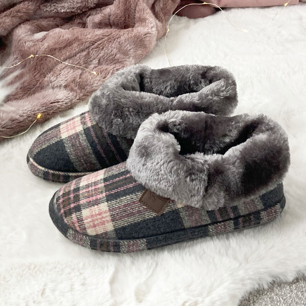 Ladies Tartan Slipper Boots Dark Grey