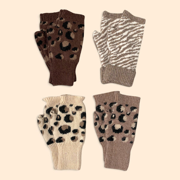 Leopard Knit Wool Blend Fingerless Gloves