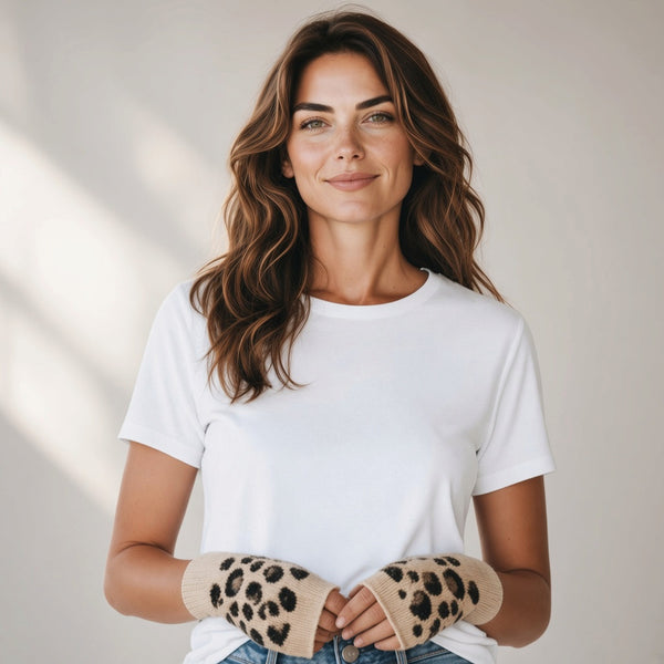 Leopard Knit Wool Blend Fingerless Gloves