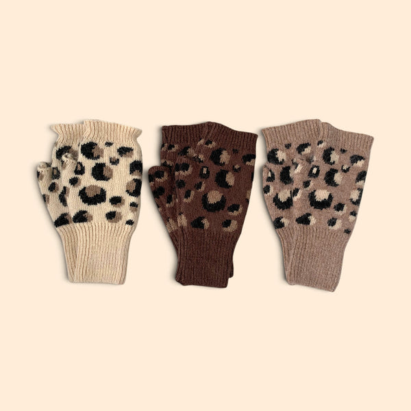 Leopard Knit Wool Blend Fingerless Gloves