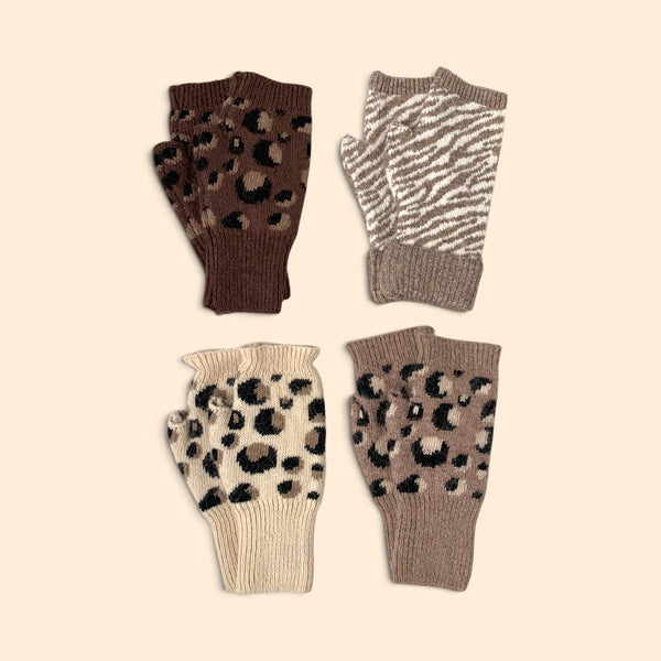 Leopard Knit Wool Blend Fingerless Gloves