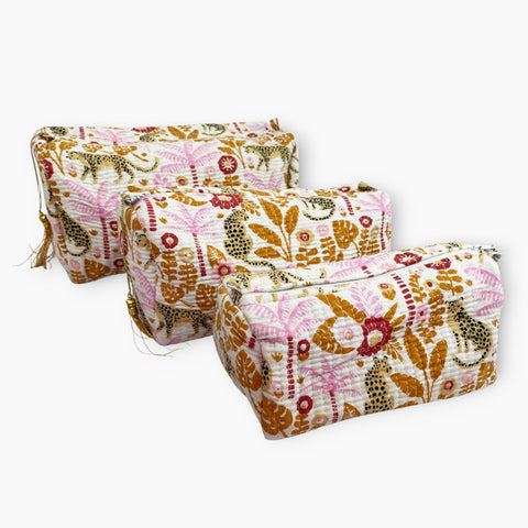 Little Leopard Cotton Washbag, Make Up Bag, Pencil Case with Waterproof Lining - Little Leopards Print in Pinks