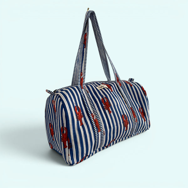 Lobster Print Cotton Quilted Weekend Duffle Bag in Blue and White