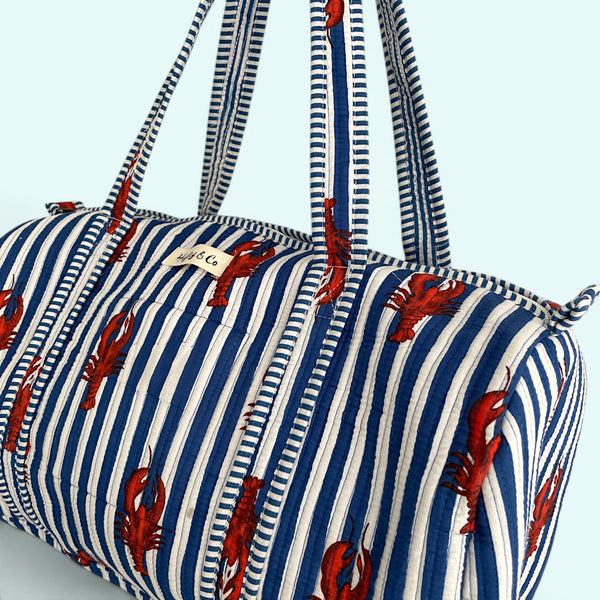 Lobster Print Cotton Quilted Weekend Duffle Bag in Blue and White
