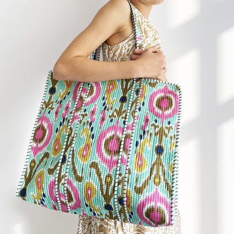 Mint Ikat Design Large Quilted Cotton Shoulder Bag