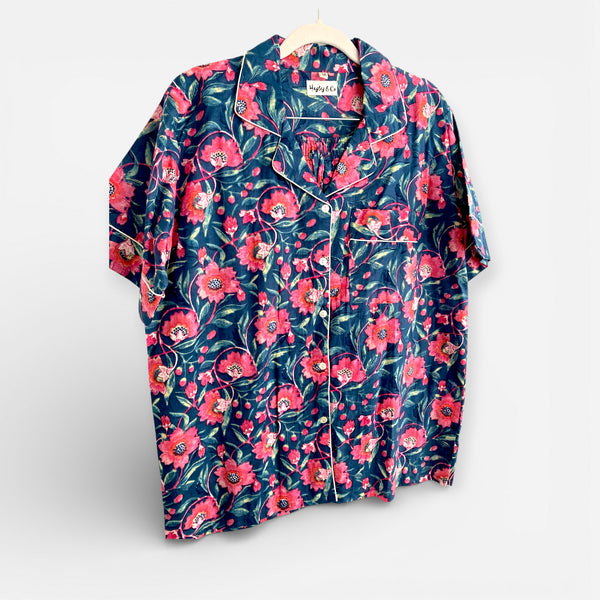 Navy and Pink Block Print Floral 100% Cotton Short Pyjama Set
