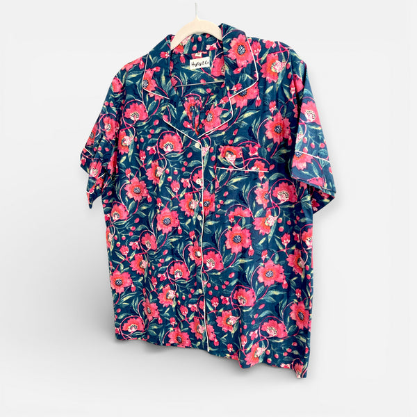 Navy and Pink Block Print Floral 100% Cotton Short Pyjama Set