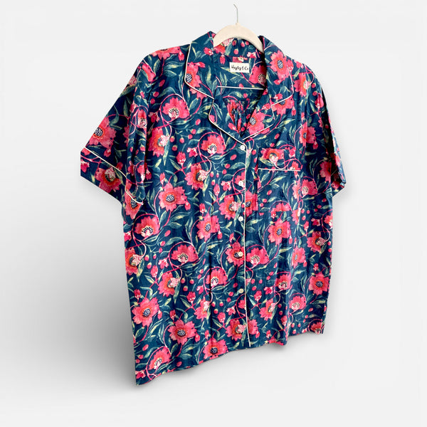 Navy and Pink Block Print Floral 100% Cotton Short Pyjama Set