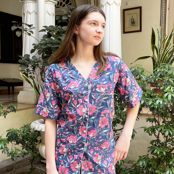 Navy and Pink Block Print Floral 100% Cotton Short Pyjama Set