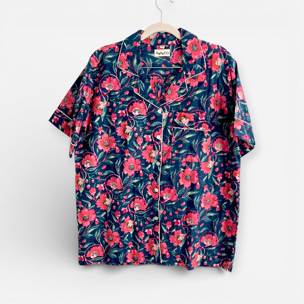 Navy and Pink Block Print Floral 100% Cotton Short Pyjama Set