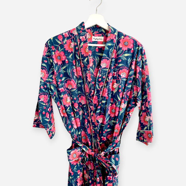 Navy and Pink Floral Block Print 100% Cotton Dressing Gown
