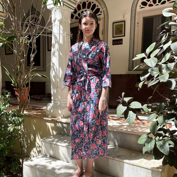 Navy and Pink Floral Block Print 100% Cotton Dressing Gown