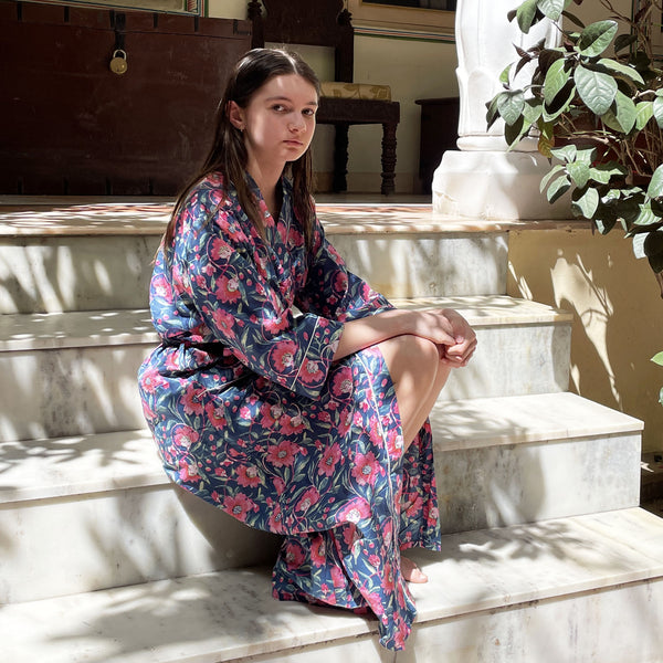 Navy and Pink Floral Block Print 100% Cotton Dressing Gown