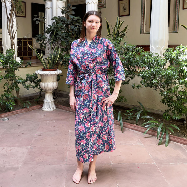 Navy and Pink Floral Block Print 100% Cotton Dressing Gown