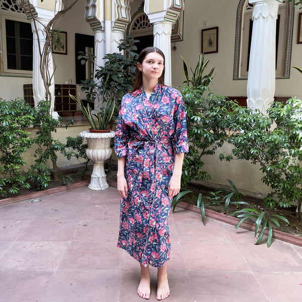 Navy and Pink Floral Block Print 100% Cotton Dressing Gown
