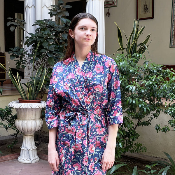 Navy and Pink Floral Block Print 100% Cotton Dressing Gown