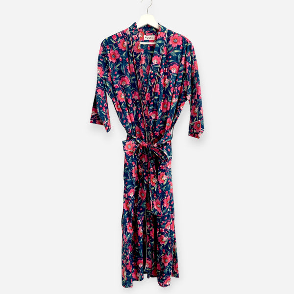 Navy and Pink Floral Block Print 100% Cotton Dressing Gown