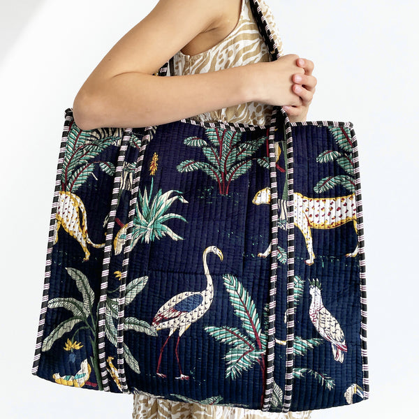 Jungle Print Large Quilted Cotton Tote Shoulder Bag in Navy Blue