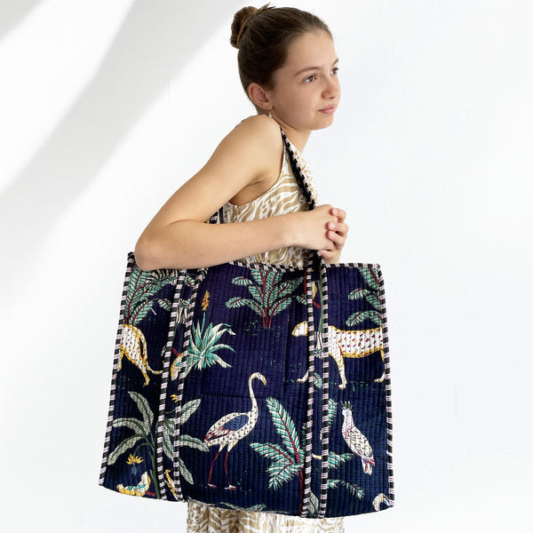 Jungle Print Large Quilted Cotton Tote Shoulder Bag in Navy Blue