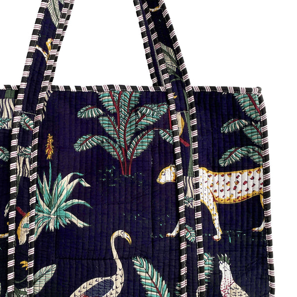 Jungle Print Large Quilted Cotton Tote Shoulder Bag in Navy Blue