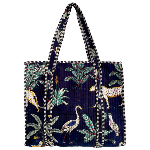 Jungle Print Large Quilted Cotton Tote Shoulder Bag in Navy Blue