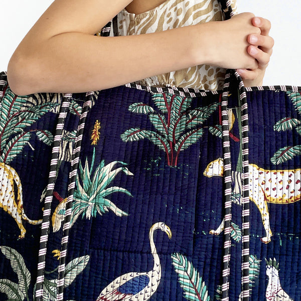 Jungle Print Large Quilted Cotton Tote Shoulder Bag in Navy Blue