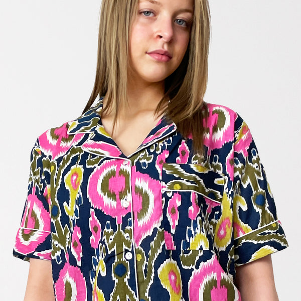 Ikat Print Cotton Short Pyjama Set in Navy Blue and Pink