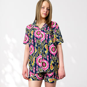 Ikat Print Cotton Short Pyjama Set in Navy Blue and Pink