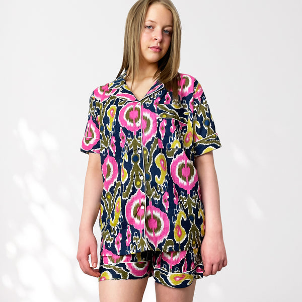 Ikat Print Cotton Short Pyjama Set in Navy Blue and Pink