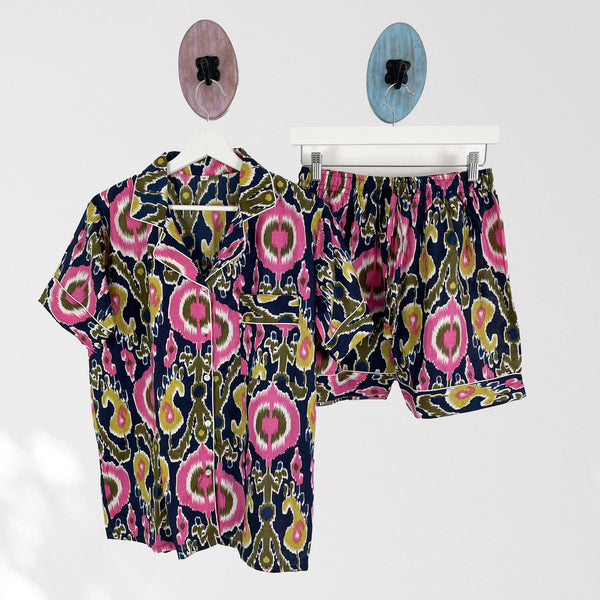 Ikat Print Cotton Short Pyjama Set in Navy Blue and Pink