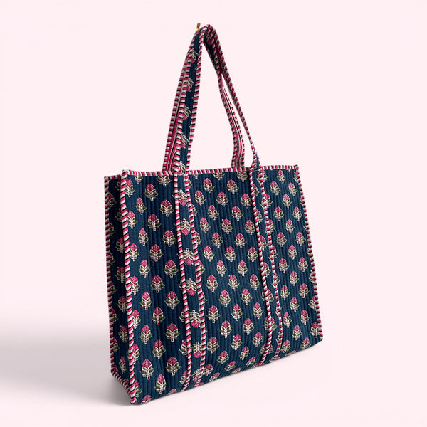 Blue and Pink Ditsy Floral Quilted Cotton Tote Bag