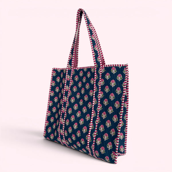 Blue and Pink Ditsy Floral Quilted Cotton Tote Bag