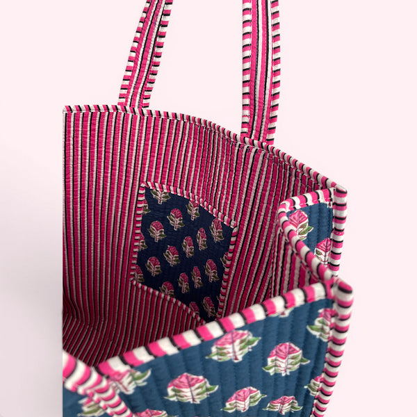 Blue and Pink Ditsy Floral Quilted Cotton Tote Bag