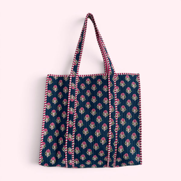 Blue and Pink Ditsy Floral Quilted Cotton Tote Bag