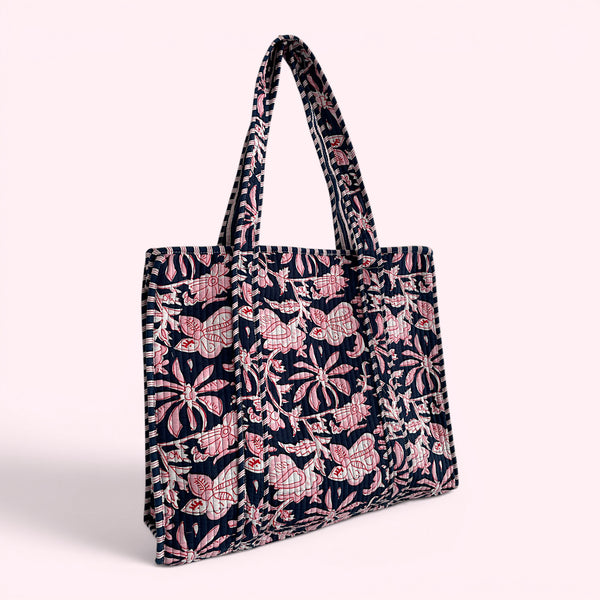 Navy and Pink Flower Quilted Cotton Tote Bag